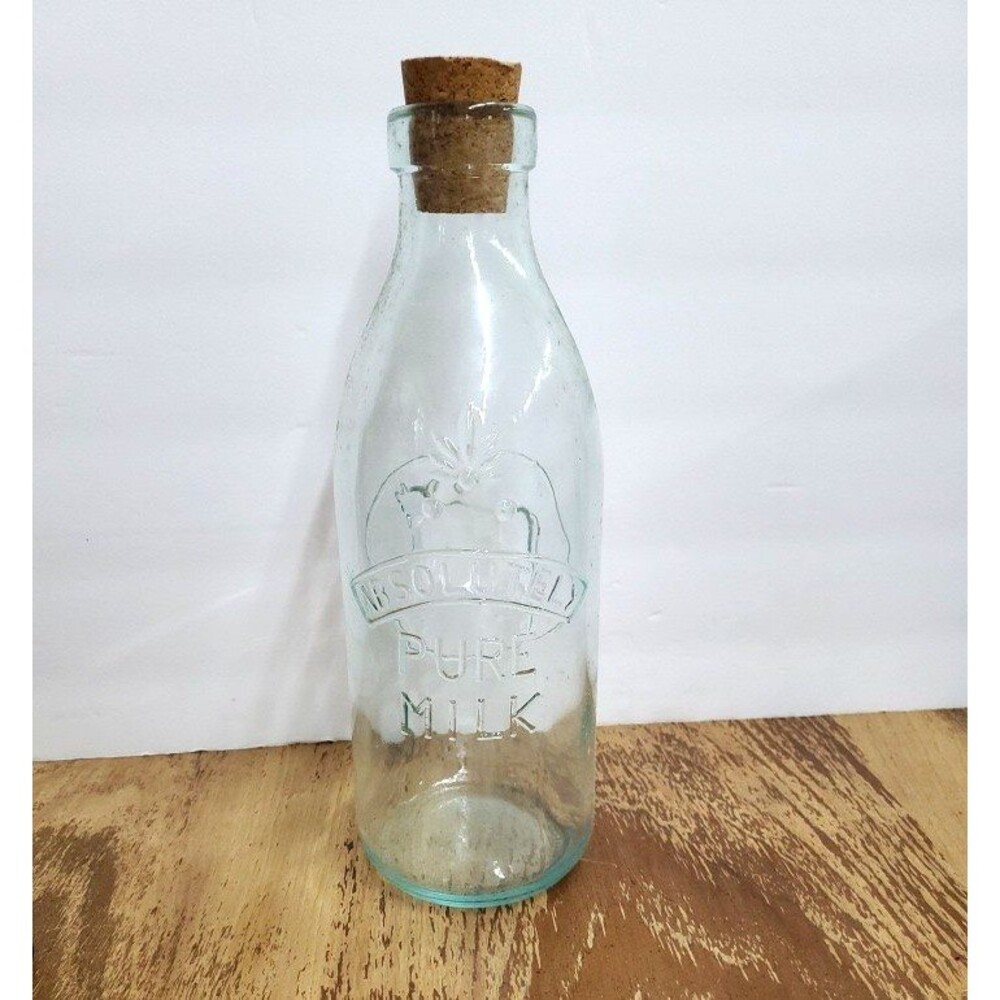 Vintage Absolutely Pure Milk Glass Bottle Embossed Cow Made in Italy Quart Cork